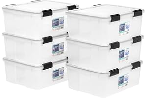 IRIS USA WeatherPro 31 Qt Storage Bins with Lids, 6 Pack, BPA-Free Plastic Gasket Box with Tight Latch and Seal, Stackable Nestable Tote Tub - Clear/Black