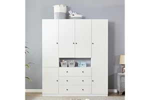 TrendTerrace 74" 4 Door Armoire Wardrobe Closet, 3 Drawers Wooden White Closet Cabinet for High Storage Capacity, Tall Cabinet Closet Wardrobe with 3 Hanging Rod and 3 Storage 63"L x 20.3"W x 74.2"H