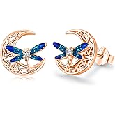 Twoowl Celtic Moon Earrings 925 Sterling Silver Dragonfly Stud Earrings Irish Celtic Jewelry Gifts for Women