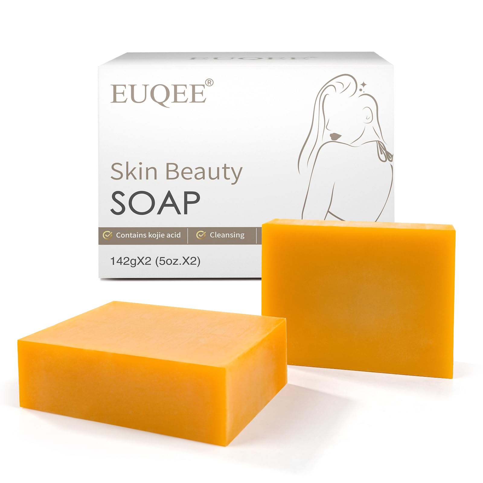 EUQEE Turmeric Kojic Acid Soap Bar - Vitamin C, Retinol & Collagen Infused for Skin Brightening, Acne Reduction & Dark Spot Removal | Coconut Oil & Tea Tree Oil | Foaming Net Included (2x142g)