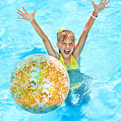Hsei 3 Pieces Inflatable Beach Ball Glitter Beach Ball Floatable Confetti Ball for Summer Beach, Pool and Party Favor (Golden, 16 and 24 Inch)