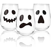 Whaline 3Pcs Halloween Stemless Wine Glasses 17oz Spooky Expressions Drinking Glasses Clear Holiday Tumbler Cups for Halloween Party Supplies