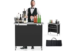 VINGLI Portable Bar Table, 2-Tier Shelves, Mobile Bar Table for Events, Party, Camping, Picnic, Tradeshow, Indoor with Black Skirt, 39 "L x 34" H