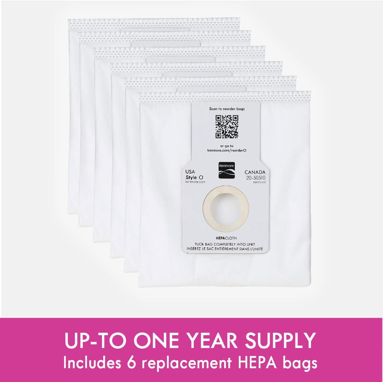 Kenmore 53294 Style O HEPA Cloth Vacuum Bags for Kenmore Upright Vacuum Cleaners 6 Pack, White -
