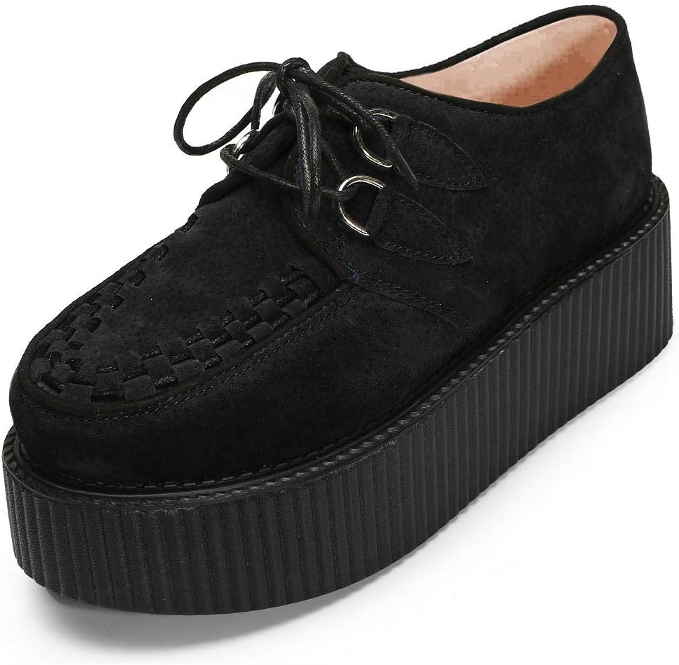 Womens Creepers Ladies Lace Up Wedge Platform Shoes Black Flat