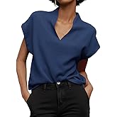 Cicy Bell Womens Summer Cap Sleeve Blouse V Neck Casual Dressy Work Tops Loose Fit Elegant Textured Shirts Navy