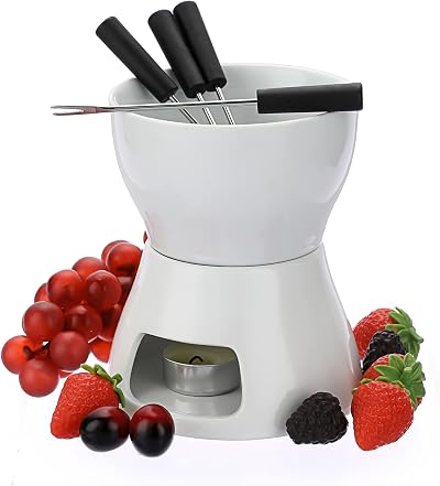 BSTKEY Ceramic Butter Chocolate Fondue Pot 400ml with 4 Forks White