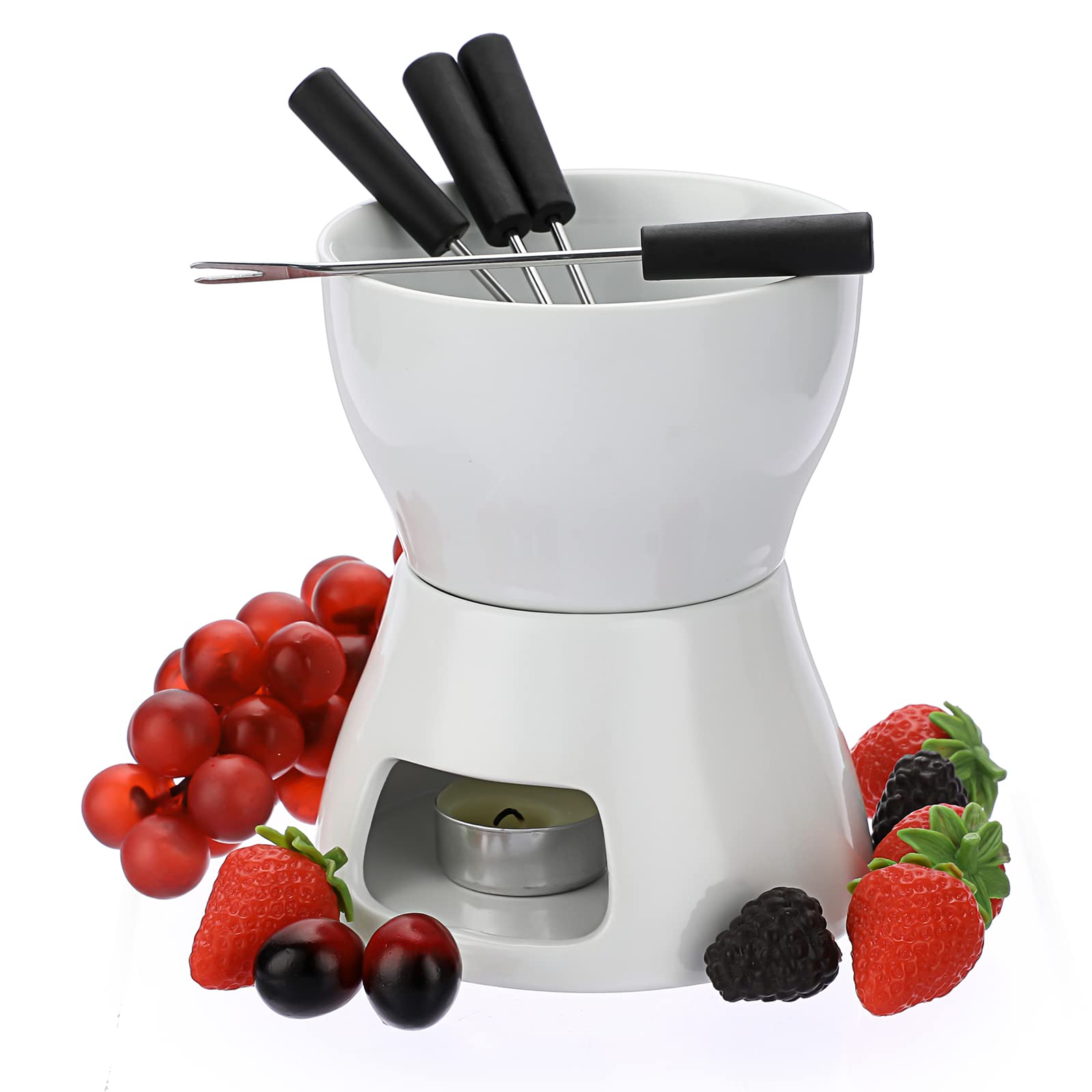 BSTKEY Ceramic Butter Chocolate Fondue Pot, Home Tea Light Candle Fondue Set 400ml with 4 Forks for Chocolate or Cheese, White