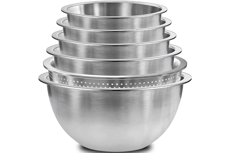 Stainless Steel Mixing Bowls with Colander, Home Kitchen Essentials Gadgets | Kitchen Gadgets Set incl. 5 Nesting Metal Mixin
