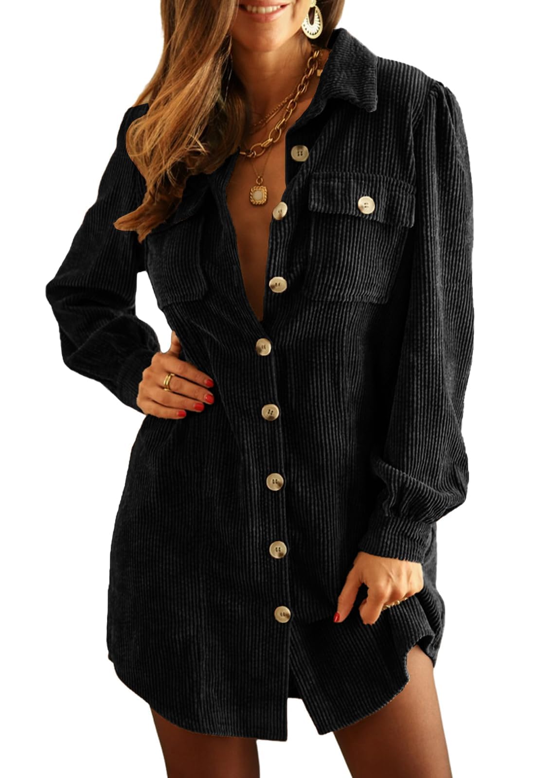 Photo 1 of Alaster Queen Women's Black Corduroy Long Sleeve Dresses 2025 Fall Winter Button Down Tunic Casual Short Dress with Pocket