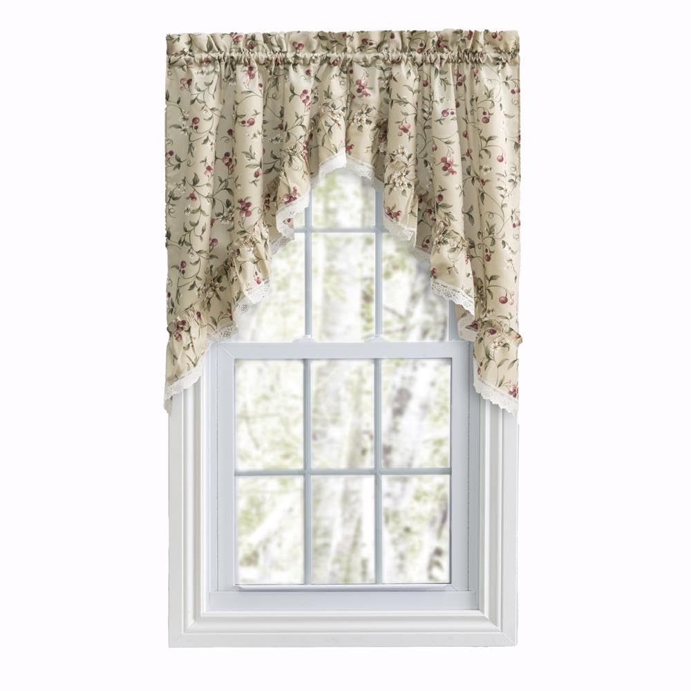 Ellis Curtain Kitchen Collection Cherries Ruffled Swag Curtains, Natural, 58.00" x 36.00"