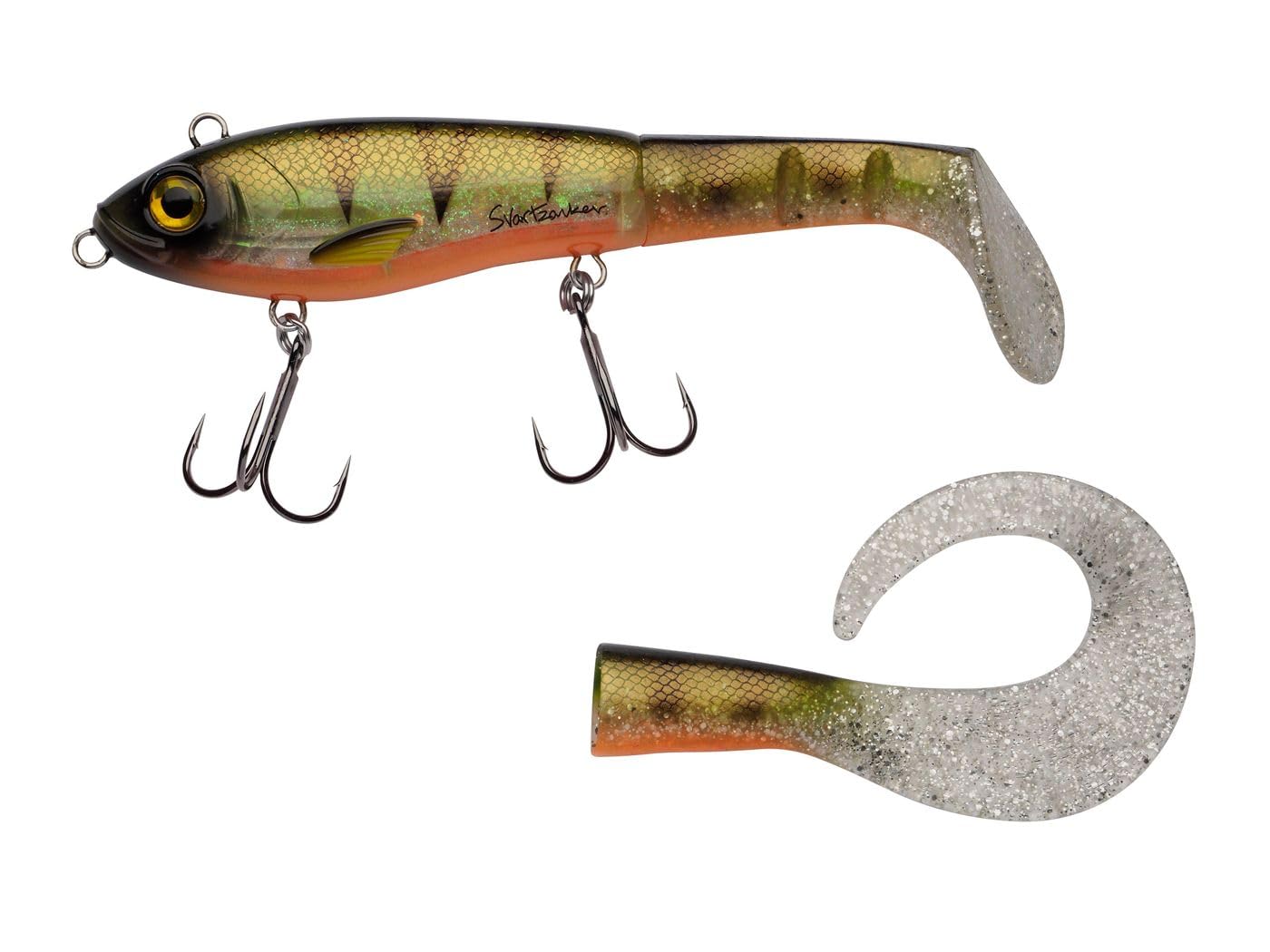 Abu Garcia Svartzonker McHybrid, Fishing Hook, Hard Lures, Predator Fishing, Pike, Bait Supplied with Paddle Tail and Curl TailUnisex, Yellow Fin Perch, 74g | 165mm