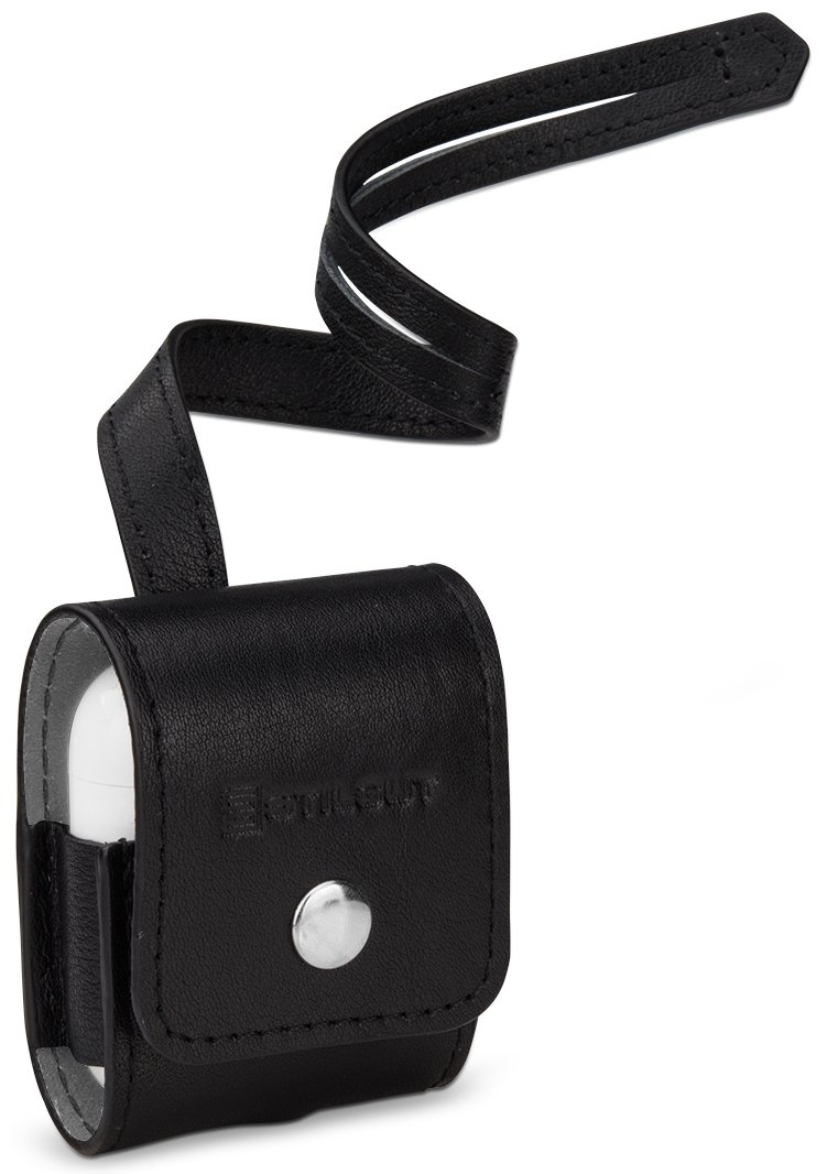 StilGut Leather Case with Leather Strap Compatible with AirPods Earphones, Black Nappa