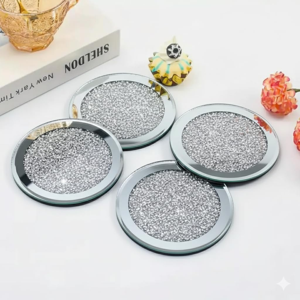 SERENA'S ® 4 Pack Crushed Diamond Crystal and Mirror Coasters Set of 4 Glittering Silver Coasters for Home Kitchen Bar & Restuarant Decor (Round)