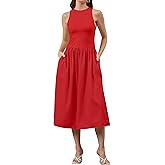 TERIVEEK Women Summer Sleeveless Midi Dress Casual High Neck Patchwork Tank Sundress Flowy Boho A Line Dress with Pockets