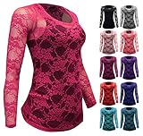 Enimay Women's Floral Long Sleeve Lace Sheer Top Shirt (Many Colors Available)