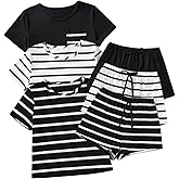 BEAUDRM Women's 6 Piece Striped Pajama Set Crew Neck Short Sleeve Top and Shorts Sleepwear