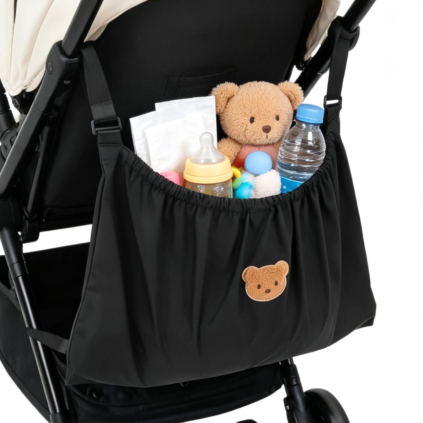 Baby Stroller Organiser Bag 15×27.2in Large Capacity Pram Nappy Organiser Bag Can Hold Cups Cute Bear Pattern General Models Has Portable Adhesive and Fixing Straps for Mom Travel Walk(Black)