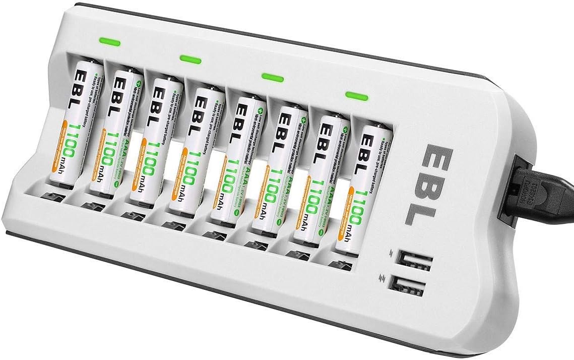 EBL 8pcs Piles AAA 1100mAh + Chargeur de Piles 8 Slots avec 2 USB Ports pour Accus AA/AAA/NiCD