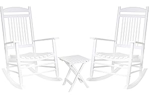 MUPATER Outdoor Rocking Chair Set 3-Piece Patio Wooden Rocker Bistro Set with Foldable Table and Curved Seat, White