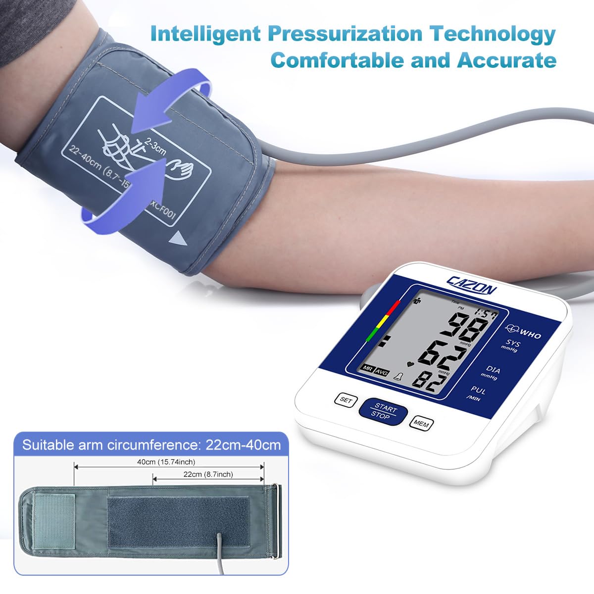CAZON Blood Pressure Monitors Large Cuff Blood Pressure Machine Medical BP Monitor Upper Arm BP Cuff for Home Use Heart Rate Hypertension Monitor, Cuff 22-40cm LCD Display (Blue)