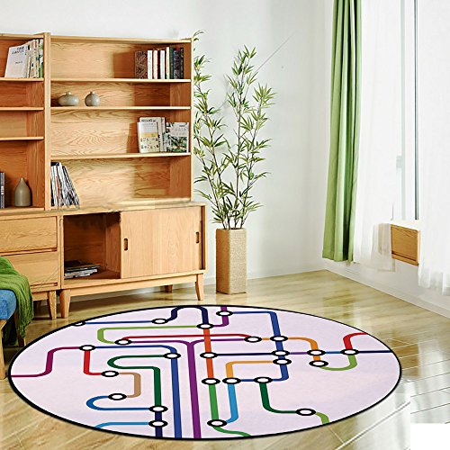 Printing Round Rug,Map,Colorful Abstract Subway Map Lines and Dots Navigation Guide Modern Underground Railway Decorative Mat Non-Slip Soft Entrance Mat Door Floor Rug Area Rug For Chair Living Room,M
