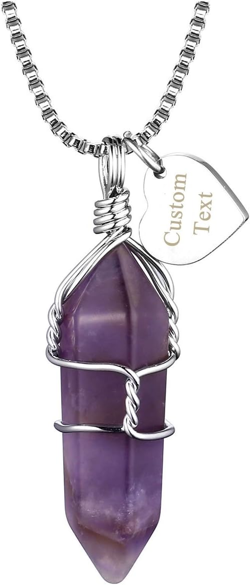 CrystalTears Personalized Custom Necklace Chakra Healing Crystal Quartz Hexagonal Point Quartz Pendant w/Heart-shape Plate Name Words Engraving Jewelry