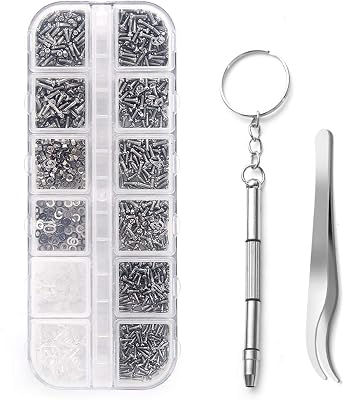 Kit de réparation de lunettes, 1100 petites vis et 5 paires de plaquettes de nez en acier inoxydable avec micro tournevis, pince à épiler pour lunettes, lunettes de soleil, montre