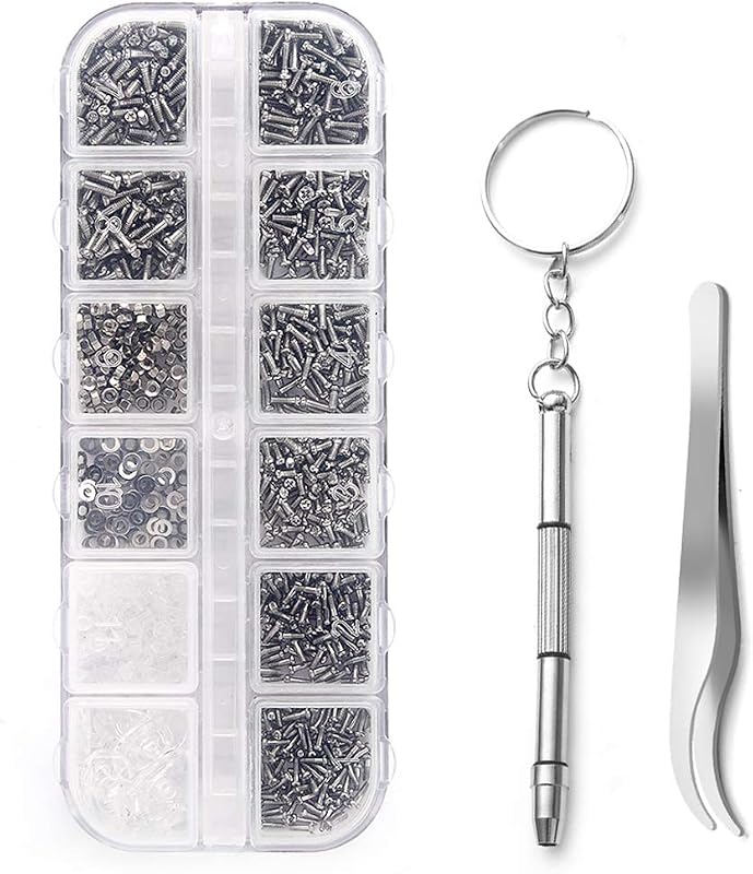 Kit de réparation de lunettes, 1100 petites vis et 5 paires de plaquettes de nez en acier inoxydable avec micro tournevis, pince à épiler pour lunettes, lunettes de soleil, montre — photo 1 sur 7