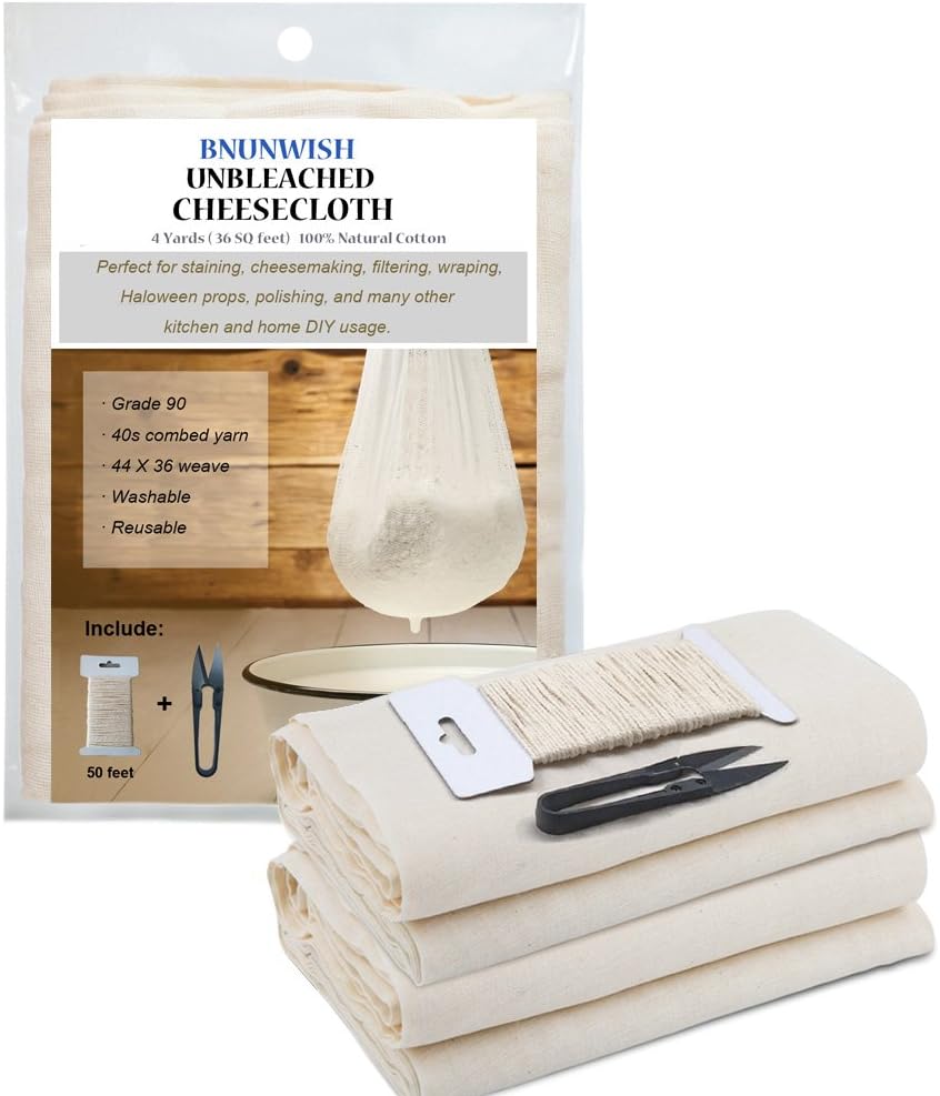 Cheesecloth For Straining, Grade 90 Ultra Fine Weave, 100% Unbleached and Reusable, 36Sq Feet (4yards)