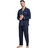 SlumberMee Mens Pajama Set Soft Cotton Viscose Pjs Long Sleeve Sleepwear 2 Piece Brushed Lining Loungewear with Pockets
