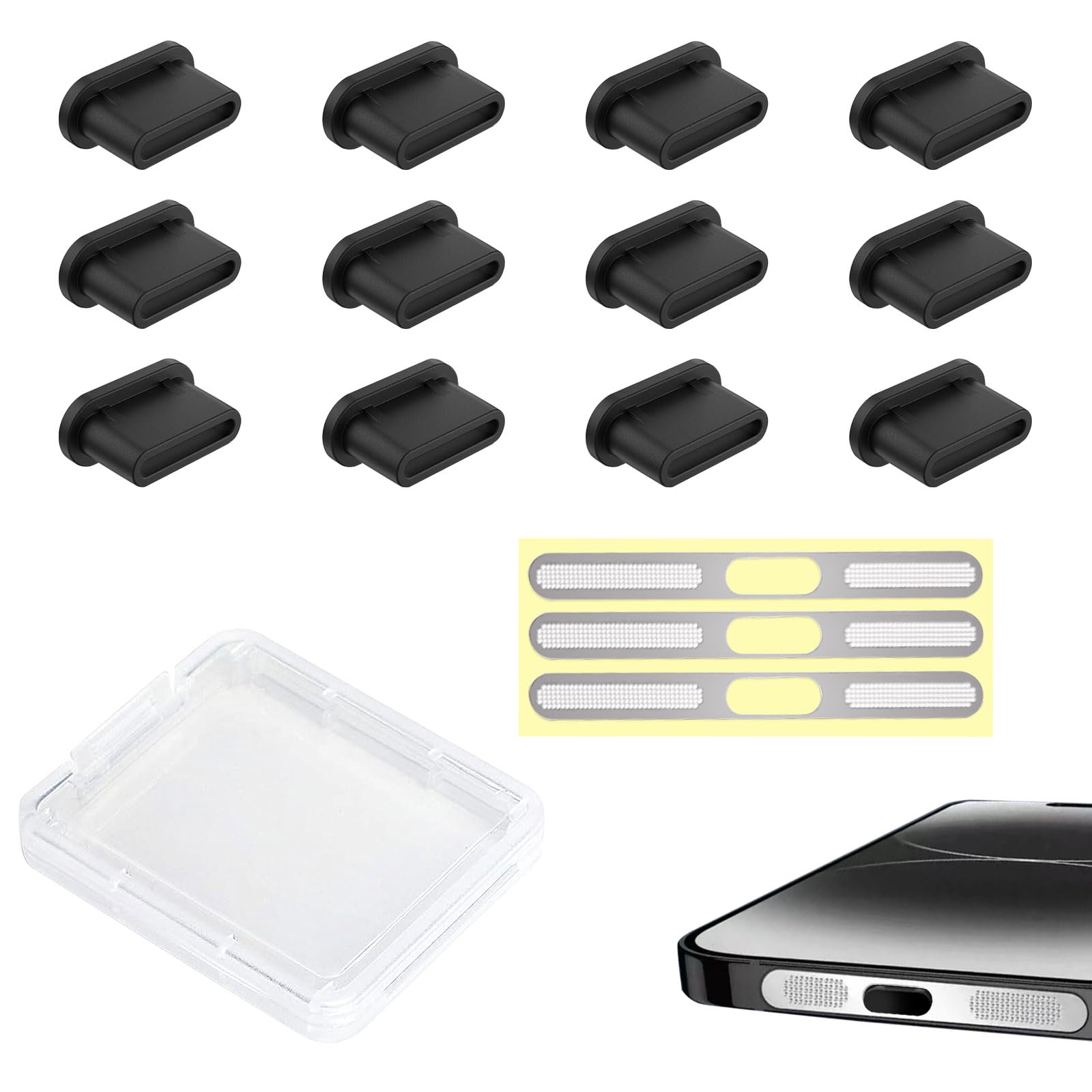 Azwood Silicone Cover USB C Dust Protection Plugs, Pack of 15 Phone Speaker Cover Dust Sticker Dust Plug Mobile Phone Speaker Dustproof Mesh Sticker Compatible with iPhone 15