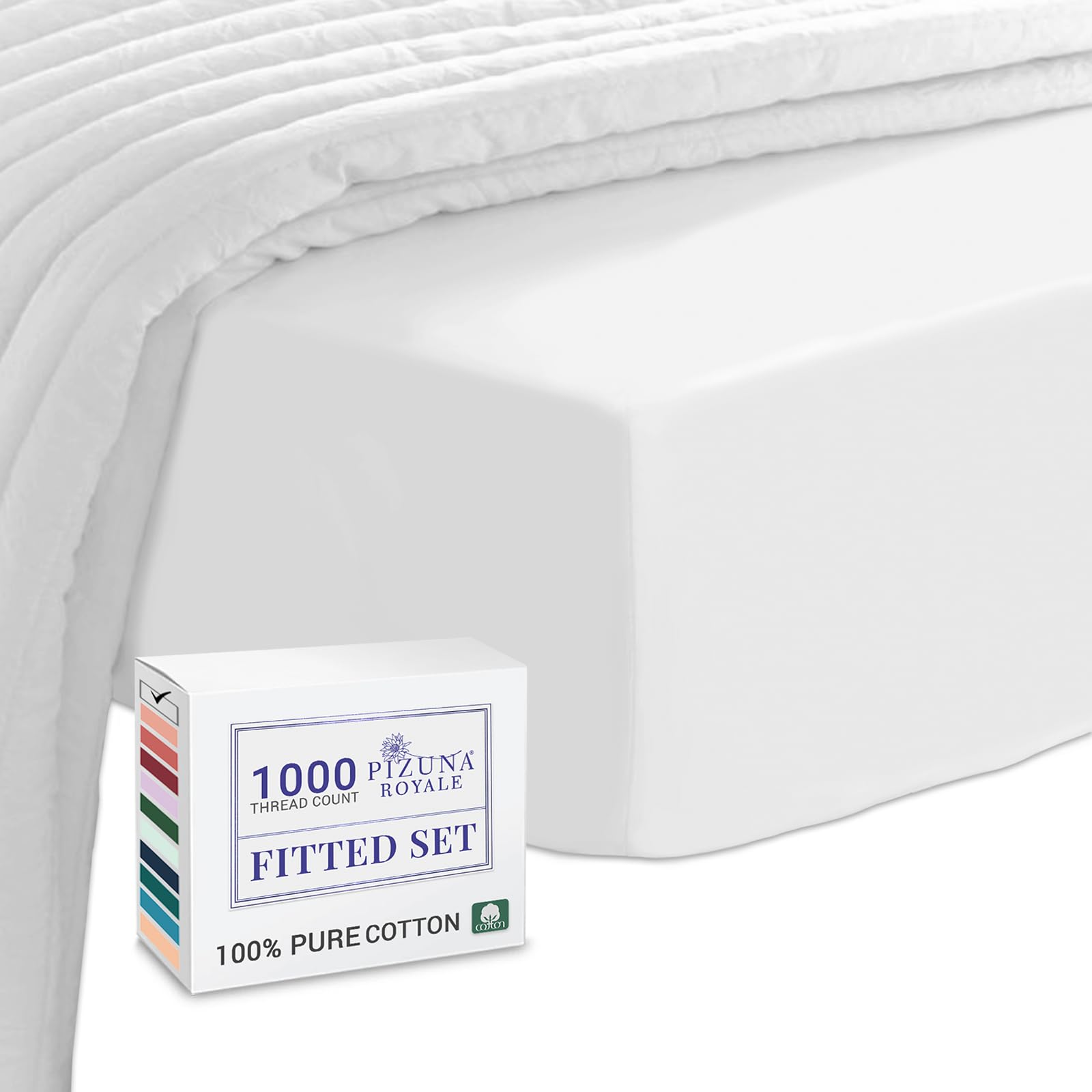 Pizuna Luxurious Cotton Double Fitted Sheet White, 1000 Thread Count 100% Long Staple Cotton Fitted Bed Sheets Double 140x200 cm, Sateen Weave Thick Fitted Sheet Extra Deep 40 cm Fit - 1 PC