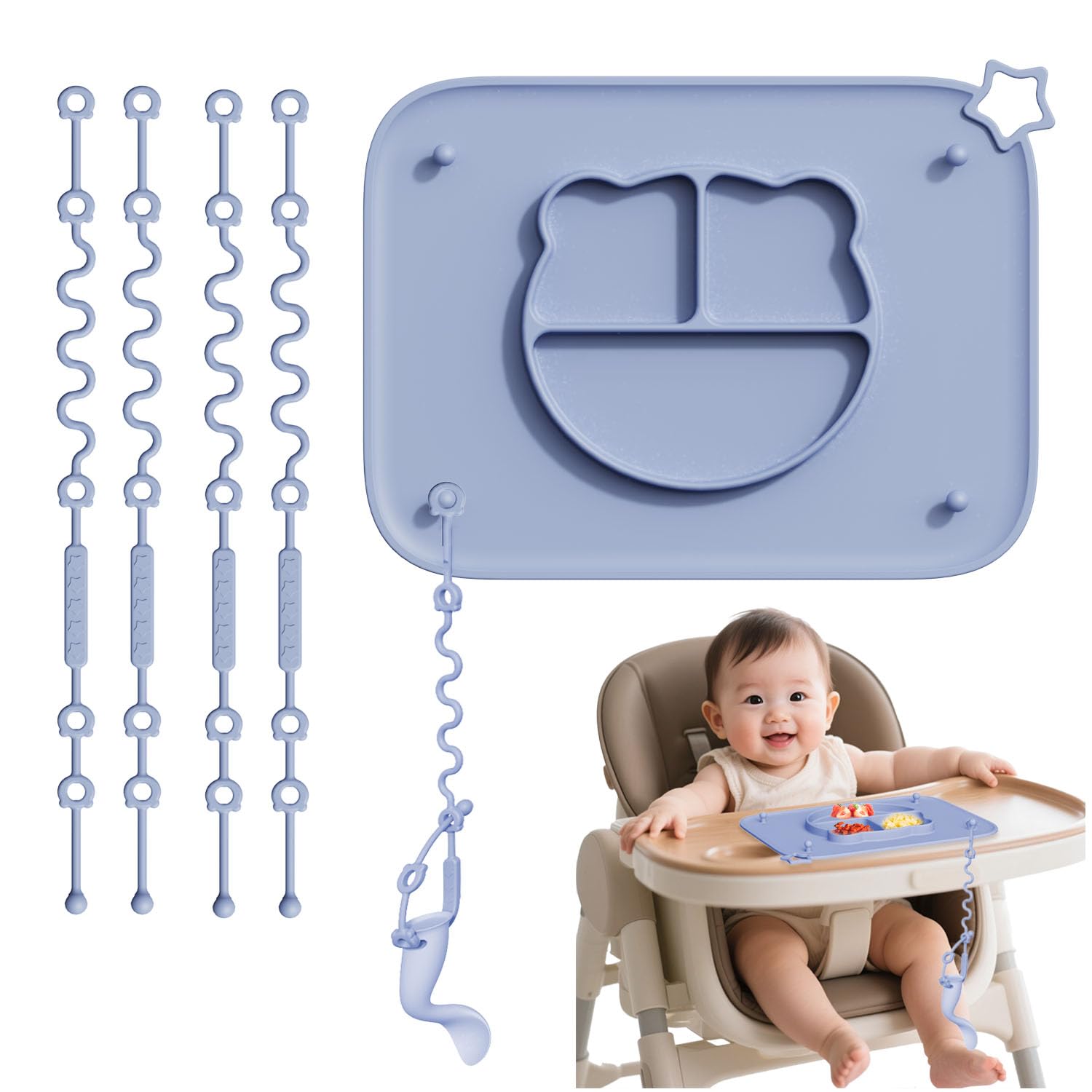 Photo 1 of 1 Pack Silicone Mat for Babies, Baby Placemat Built-in Suction Base and Equipped 4 Toy Straps & Anti-Peel Design, Activity Mat for Infants to Toddlers, Keeps Babies Essentials Off The Floor, Blue