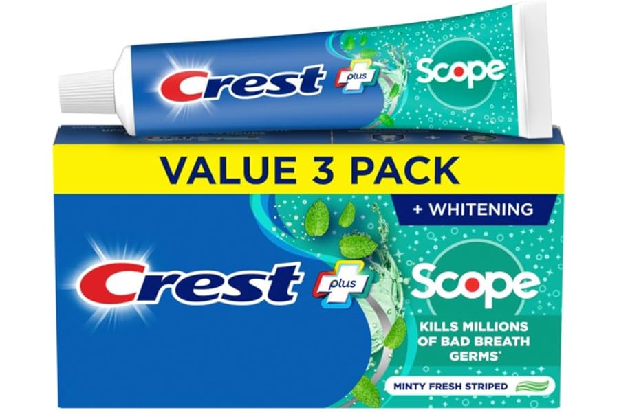 Crest + Scope Whitening Toothpaste – Pack of 3, 5.4 Oz Tubes – Anticavity Fluoride Toothpaste, Fresh Breath, Kills Germs – Tartar Protection, Enamel Protection – Minty Fresh Flavor