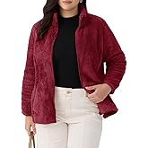 CARCOS Plus Size Fuzzy Jacket for Women Full Zip Up Fleece Coat Long Sleeve Fall Winter Sherpa Outerwear with Pockets