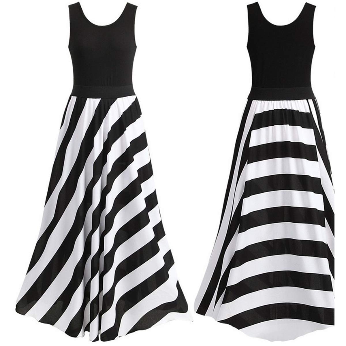 Women Long Maxi Dress Evening Cocktail Career Floral Lace Chiffon Stripe Dress (Black, L)