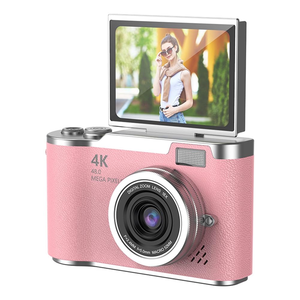 Aurelicxy 4K CCD 8X Digital Zoom Camera for Student 48MP Compact Digital Photography Camera 180 Flip Screen Selfile Pink