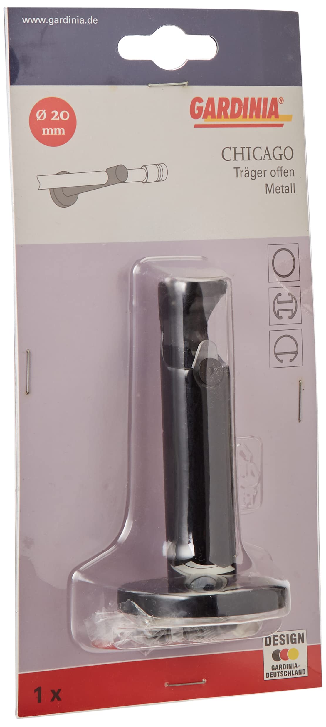 GARDINIA Bracket with Mounting Plate for Curtain Rods, 1-Rod Holder, Open, Mounting Kit Included, Chicago Series, 20 mm Diameter, Black