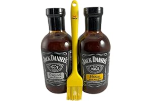 BBQ Variety Sauce Gift Bundle Includes One 19.5 oz Bottle Each Of Jack Daniel's Original And Honey Flavor BBQ Sauces (Gluten Free) And 1 Silicone FoxFyr Basting Brush (Top-Shelf Dishwasher Safe!)
