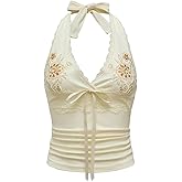 OYOANGLE Women's Y2k Halter Tank Tops Floral Embroidery Bow Lace Trim Ruched Fitted Sleeveless Going Out Top
