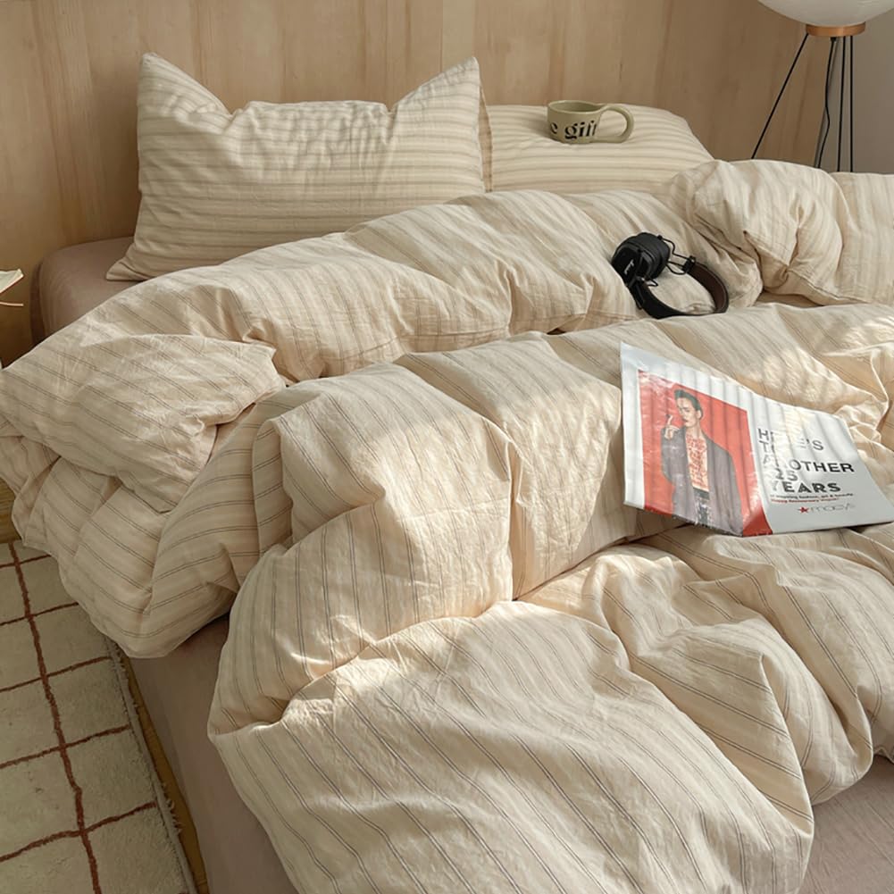 Photo 1 of Nayoroom Striped Duvet Cover Queen Size 100% Washed Cotton Beige Duvet Cover with Black White Stripes Pattern Printed Comforter Cover 3 Pieces Soft Breathable Dorm Bedding Set for All Seasons
