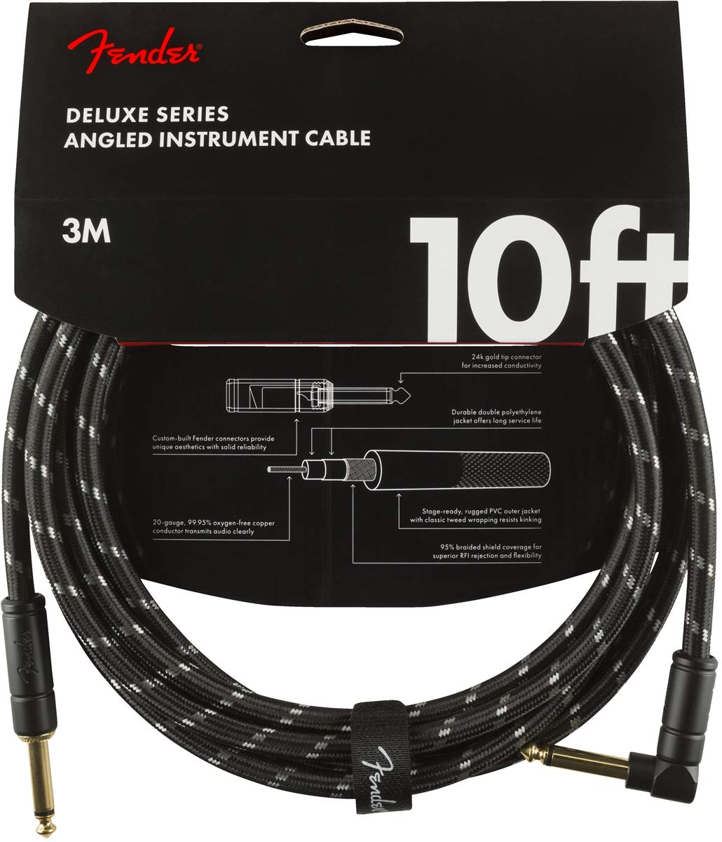 Fender Deluxe Series Instrument Cable 10ft,3m, Braided Shielding and 24K Gold Plated Connectors for Lossless, Pure Sound, Straight,Angled Jack, Black Tweed