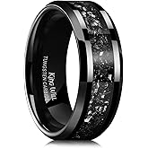 King Will Mens Meteorite Tungsten Wedding Bands, 6mm/8mm Width, Black/Silver Engagement Rings for Couples, Beveled Edge Promise Ring for Women Comfort Fit