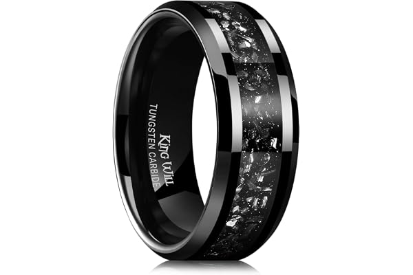 King Will Mens Tungsten Wedding Bands Meteorite Inlay 6mm 8mm High Polished Engagement Ring for Couples Promise Ring for Wome