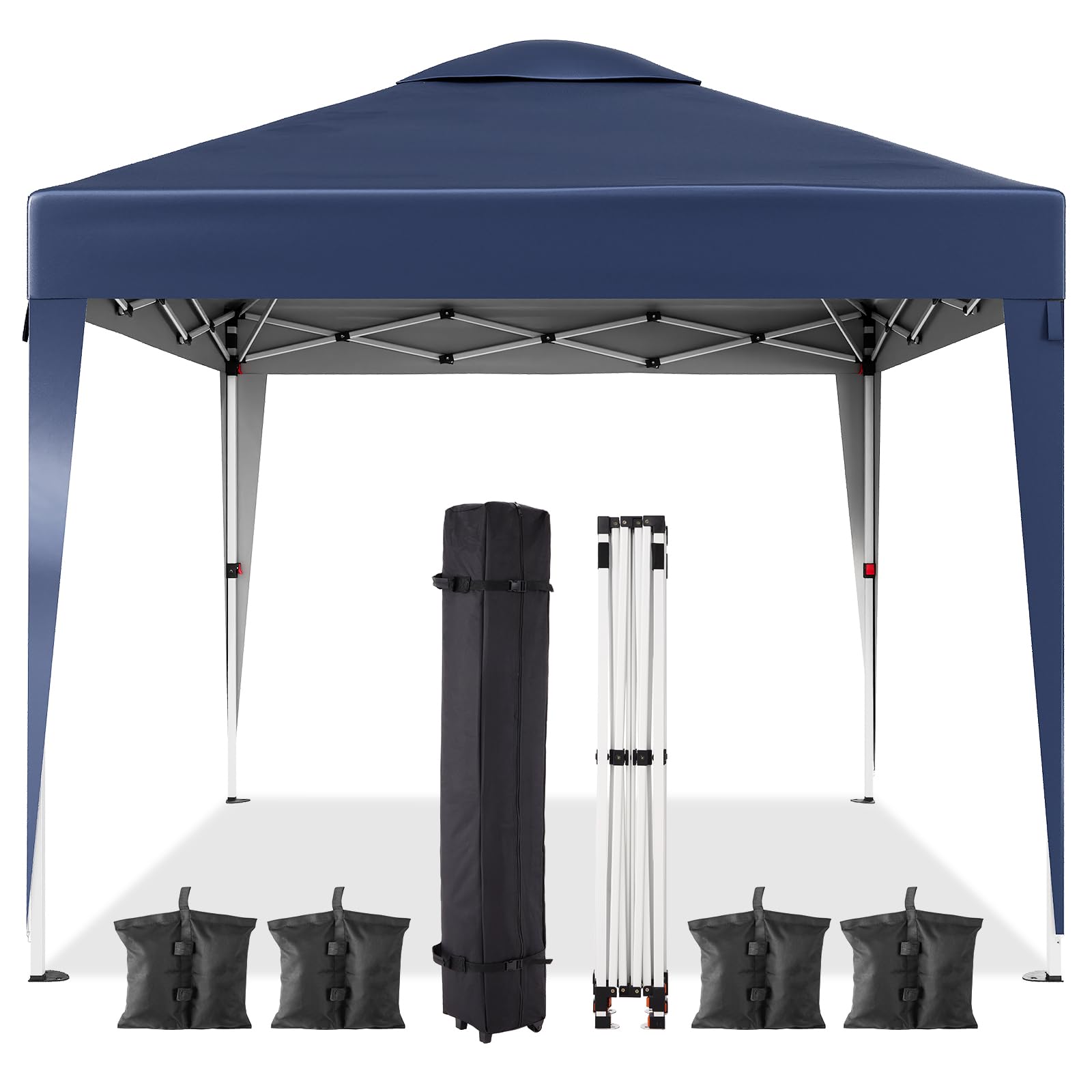 Photo 1 of 10x10 Pop Up Canopy Tent, Adjustable Height, Vented Top, Easy Set Up with Wheeled Carry Bag, 4 Ropes & 8 Stakes, Waterproof Sun Shade for Patio, Beach, Backyard Navy Blue