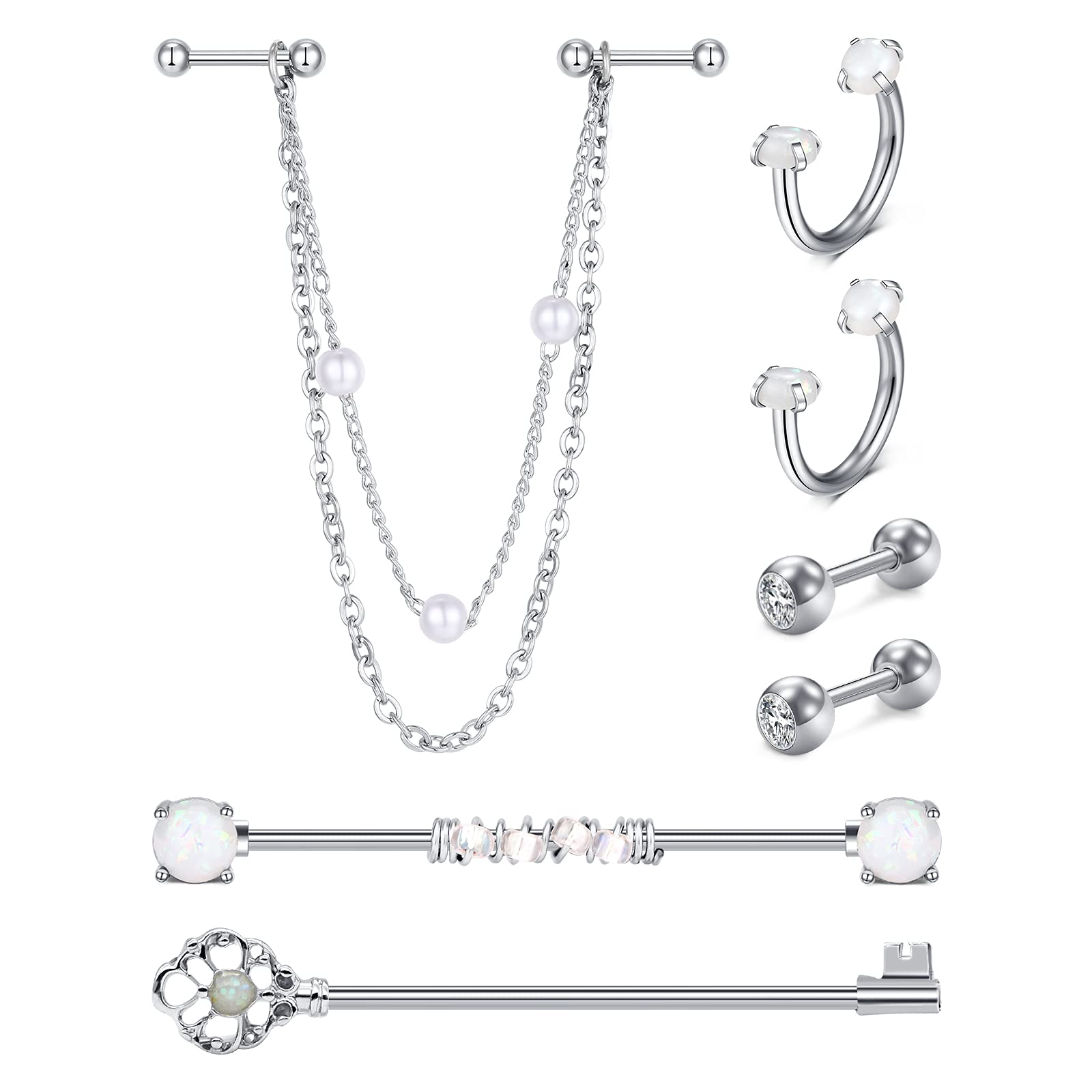 D.Bella Cartilage Earrings 7Pcs Industrial Bar Piercing Stainless Steel Helix Tragus Earrings Horseshoe Barbell Industrial Barbell Jewelry Set