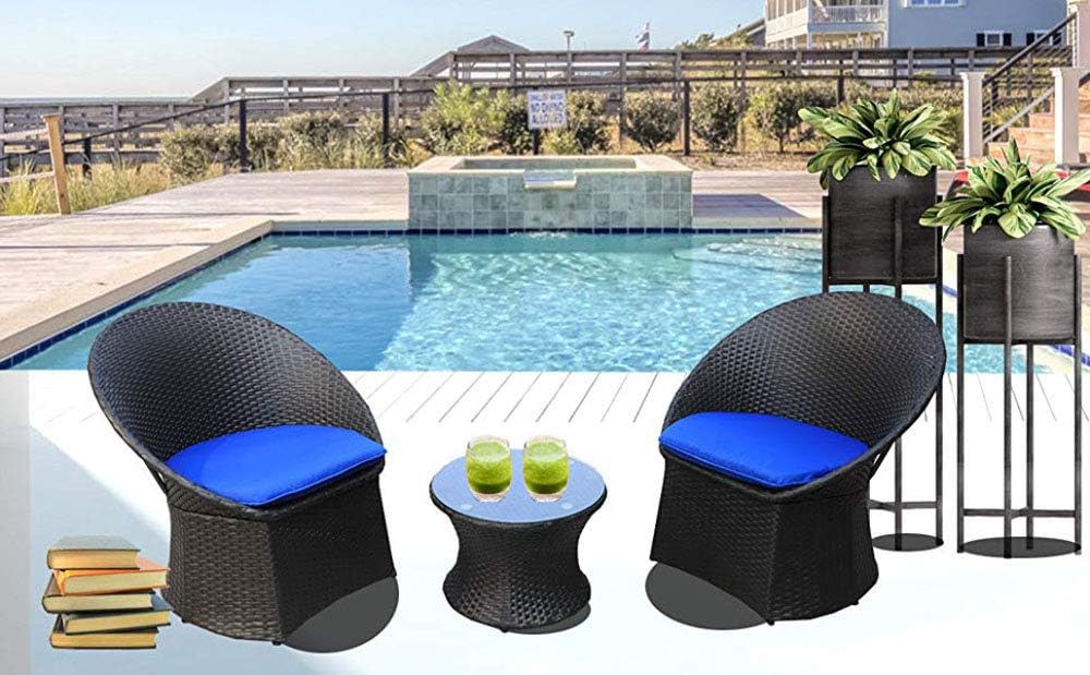 JETIME Rattan Outdoor Couch 3pcs Bistro Set Indoor Garden Patio Wicker Furniture Chairs and Table Set Cushioned Seat with 4 Color Cushions (Royal Blue)