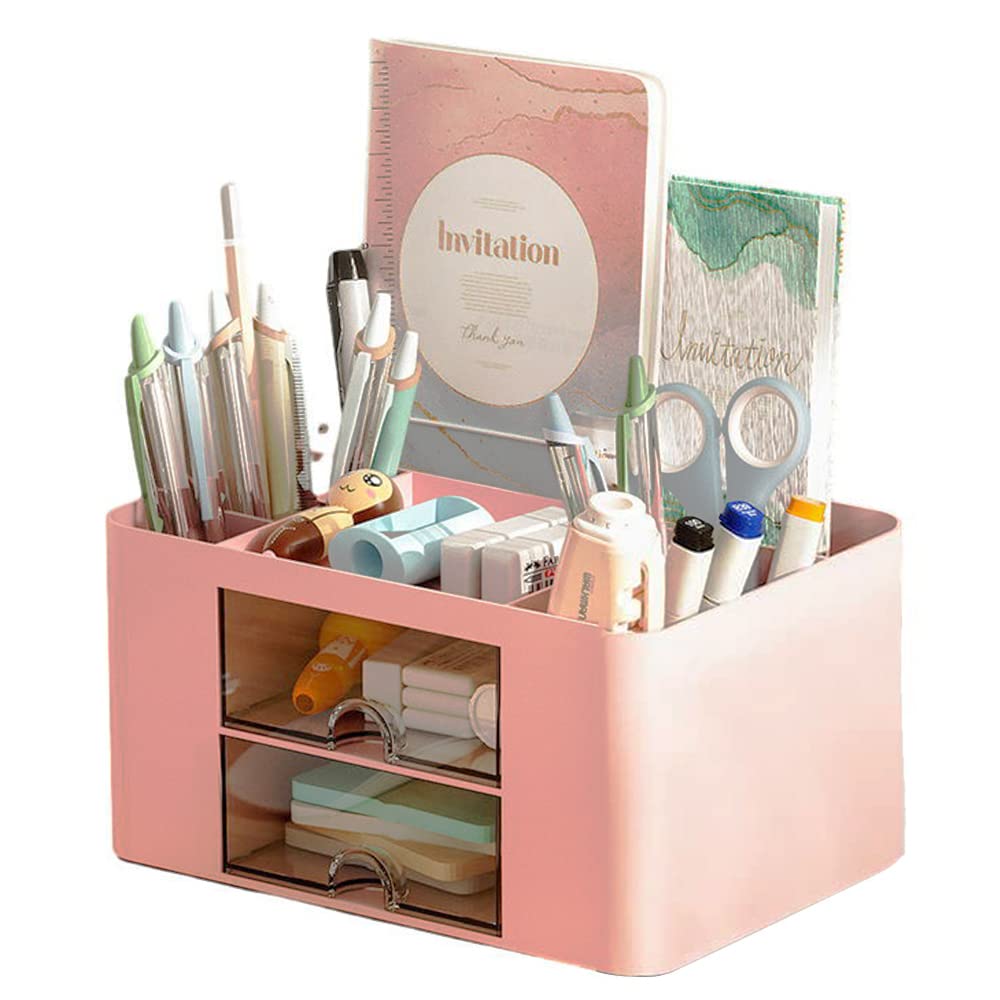 Axroad Mall Desk Organiser with Drawer, Large Capacity Desktop Pen Holder Caddy Office Supplies Organiser Stationary Accessories Storage Box (Pink)
