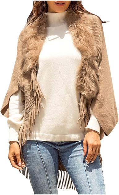 Boluobao Poncho Chaud Femme Chauve Souris Col Fausse Fourrure Gilet Franges Doux Chaud Casual Manches Longues Printemps Automne Hiver M Kaki Amazon Fr Vetements Et Accessoires